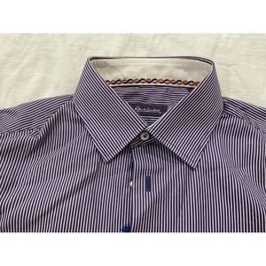 Robert Graham Mens Purple White Striped Long Sleeve Button Down Shirt Size 15.5